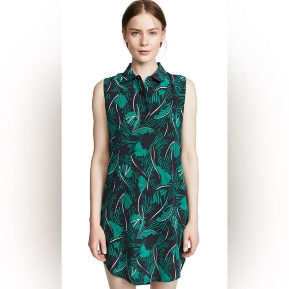 EQUIPMENT Sleeveless Felix Silk Dress In Eclipse Green Leaf Print  100% silk. - Picture 4 of 8